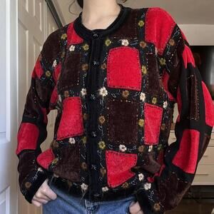 Vintage Just B Red & Brown Patchwork Knit Sweater – Size XL (Fits M-XL)